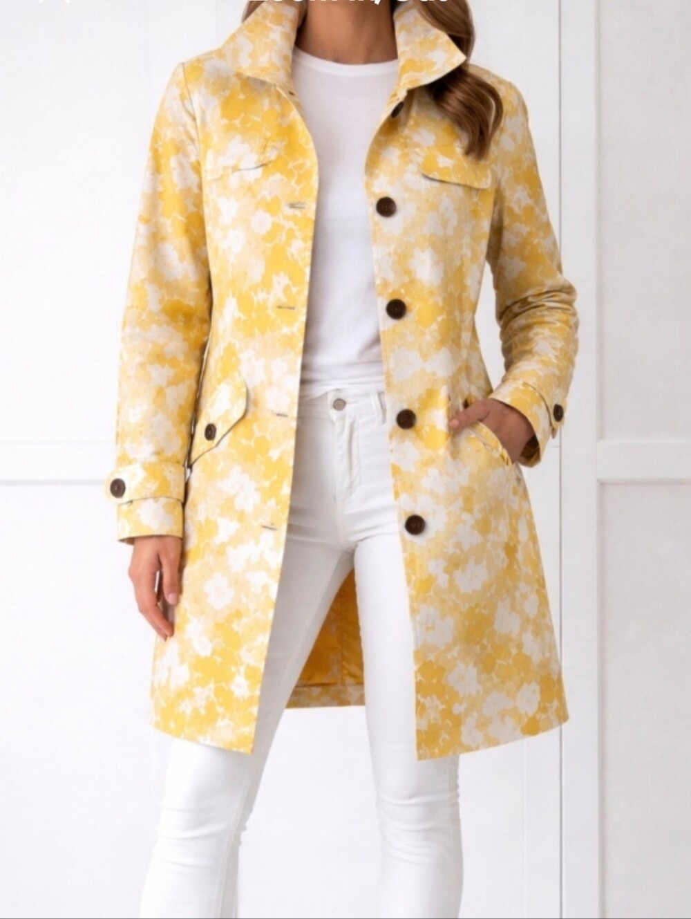 Lands' End Raincoat Yellow Floral Preppy Trench Cottage College Women's Small